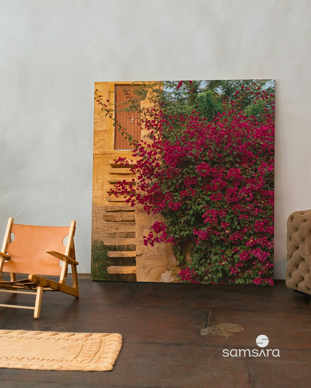 Color photography print of pink bougainvillea flowers on sandstone wall - Jaisalmer travel art by Samsara