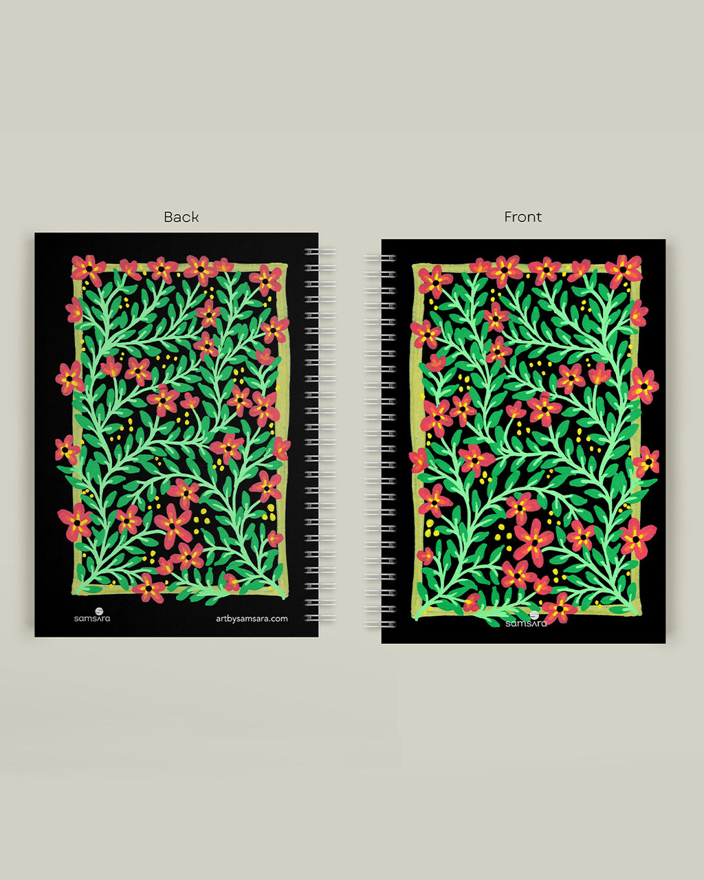 A5 botanical notebook with coral flowers on dark background - floral watercolor journal by Samsara