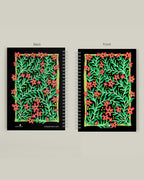 A5 botanical notebook with coral flowers on dark background - floral watercolor journal by Samsara