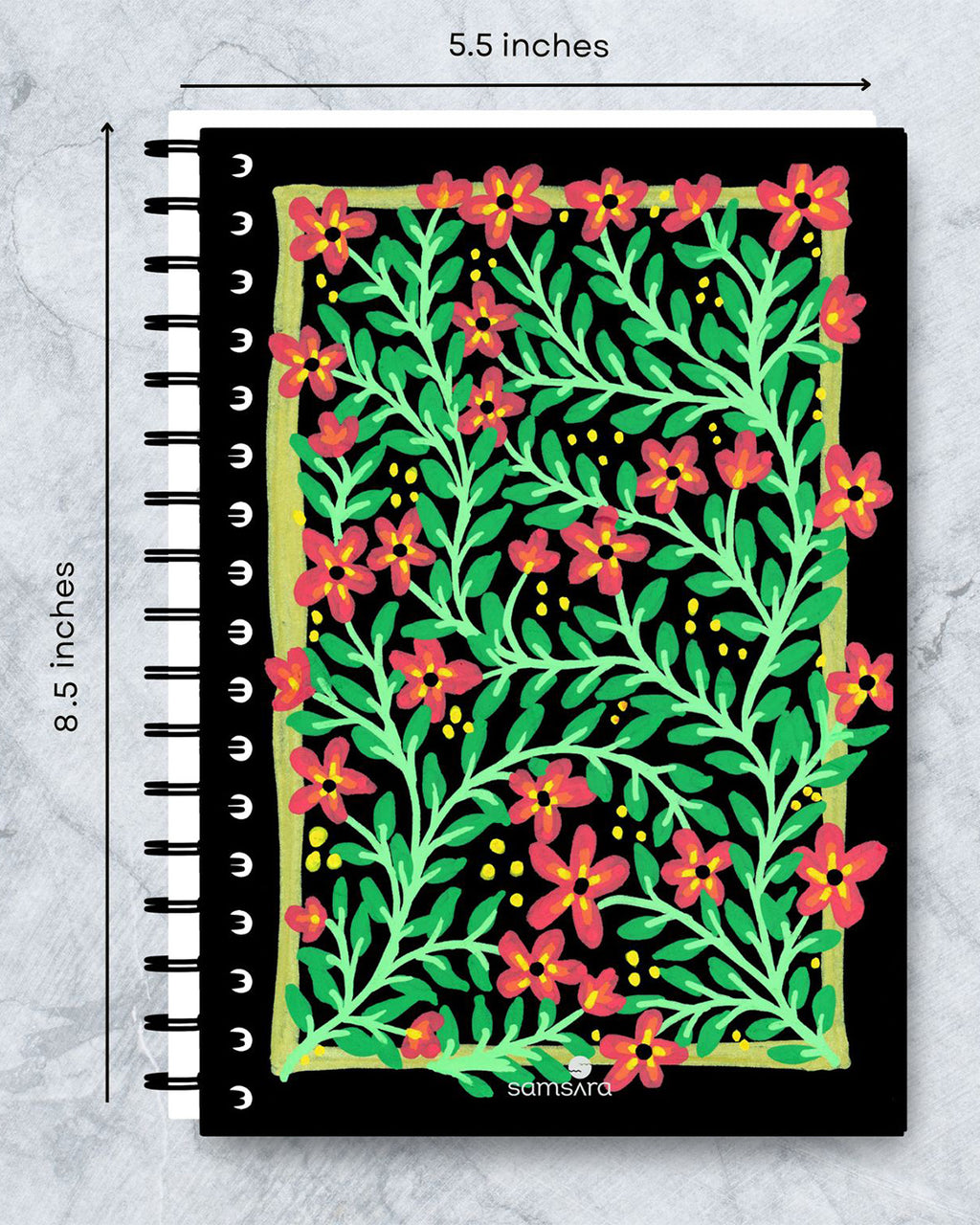A5 botanical notebook with coral flowers on dark background - floral watercolor journal by Samsara