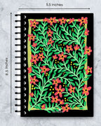 A5 botanical notebook with coral flowers on dark background - floral watercolor journal by Samsara