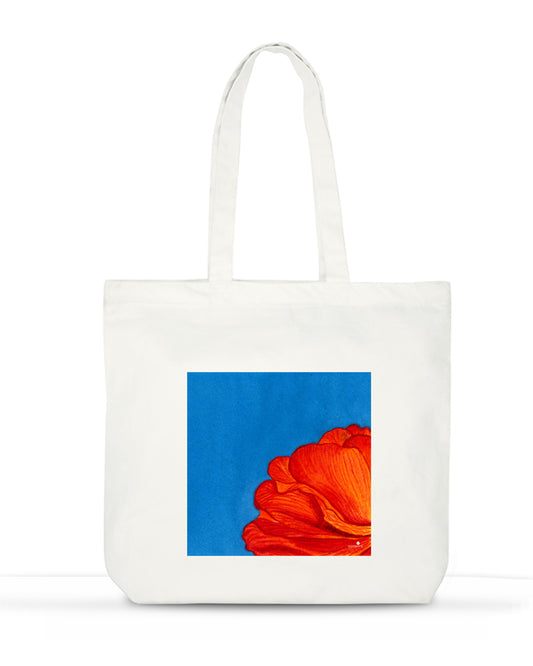 Large cotton tote bag with orange flower on blue background - floral watercolor art bag by Samsara