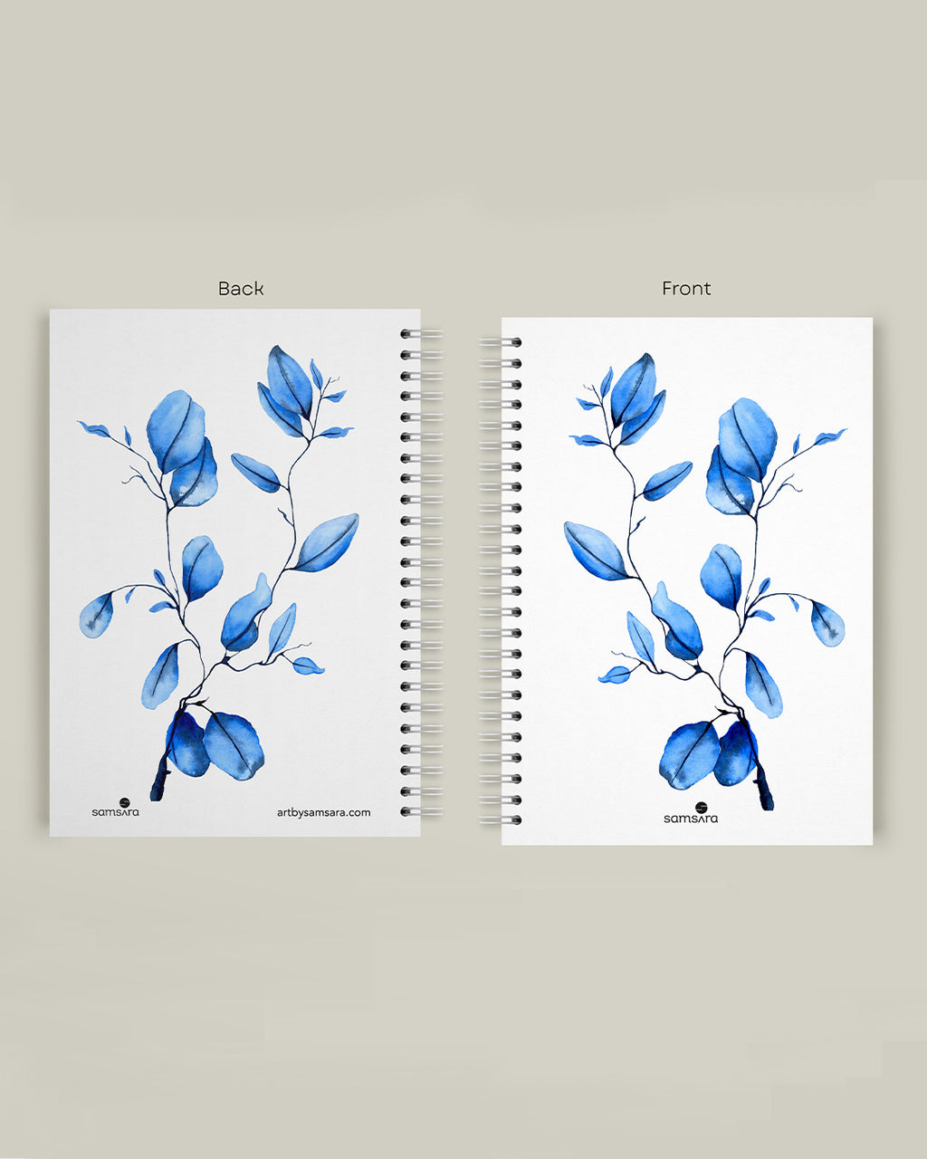 A5 watercolor notebook with blue leaf pattern on white cover - minimalist art journal by Samsara