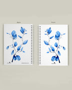 A5 watercolor notebook with blue leaf pattern on white cover - minimalist art journal by Samsara