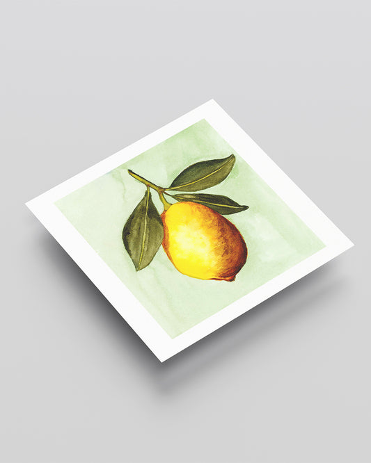 Yellow lemon watercolor art print with green leaves - citrus botanical wall art by Samsara Mumbai