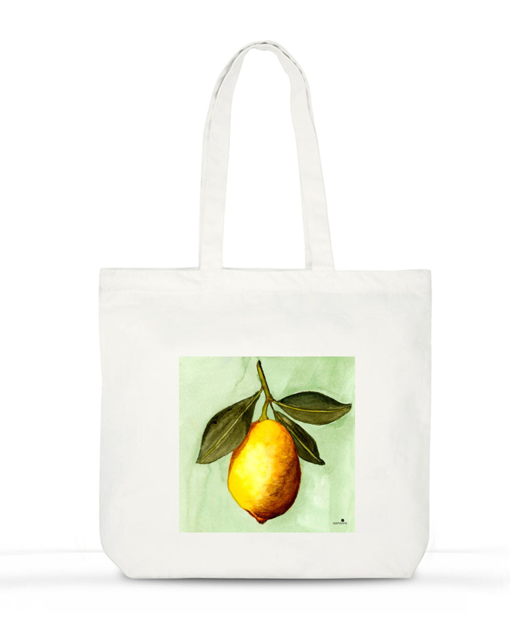 Large cotton tote bag with watercolor lemon on mint background - botanical art bag by Samsara Mumbai