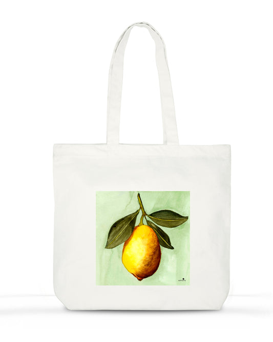 Large cotton tote bag with watercolor lemon on mint background - botanical art bag by Samsara Mumbai