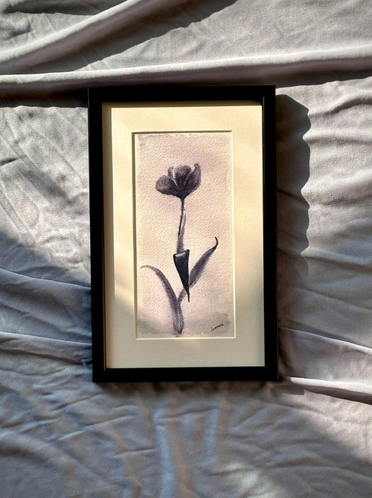 Original framed monochromatic watercolor painting of poppy - botanical meditation wall art by Samsara (SOLD OUT)