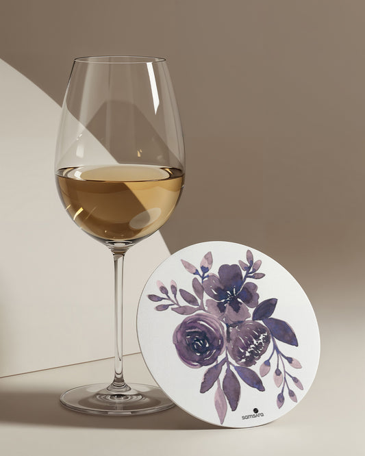 Lavender floral coasters arranged with tea cup on white surface - botanical home accessories by Samsara
