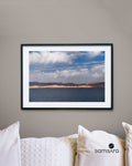 Color landscape photography print of desert mountains and blue sea - Jordan travel art by Samsara
