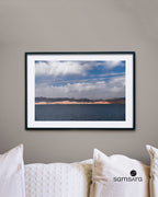 Color landscape photography print of desert mountains and blue sea - Jordan travel art by Samsara