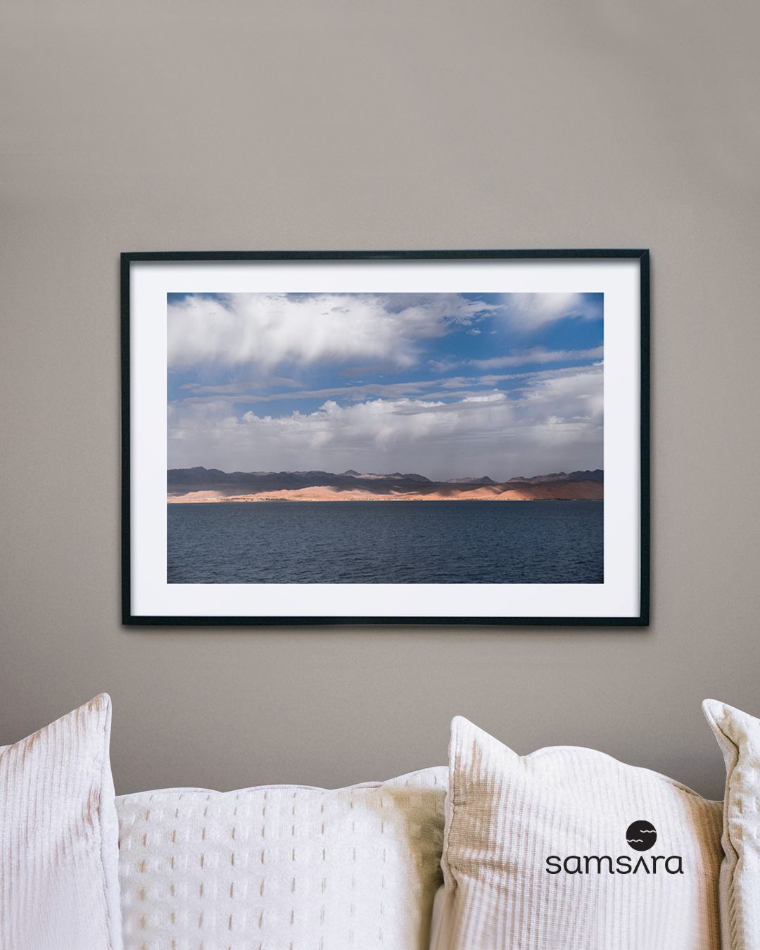 Color landscape photography print of desert mountains and blue sea - Jordan travel art by Samsara