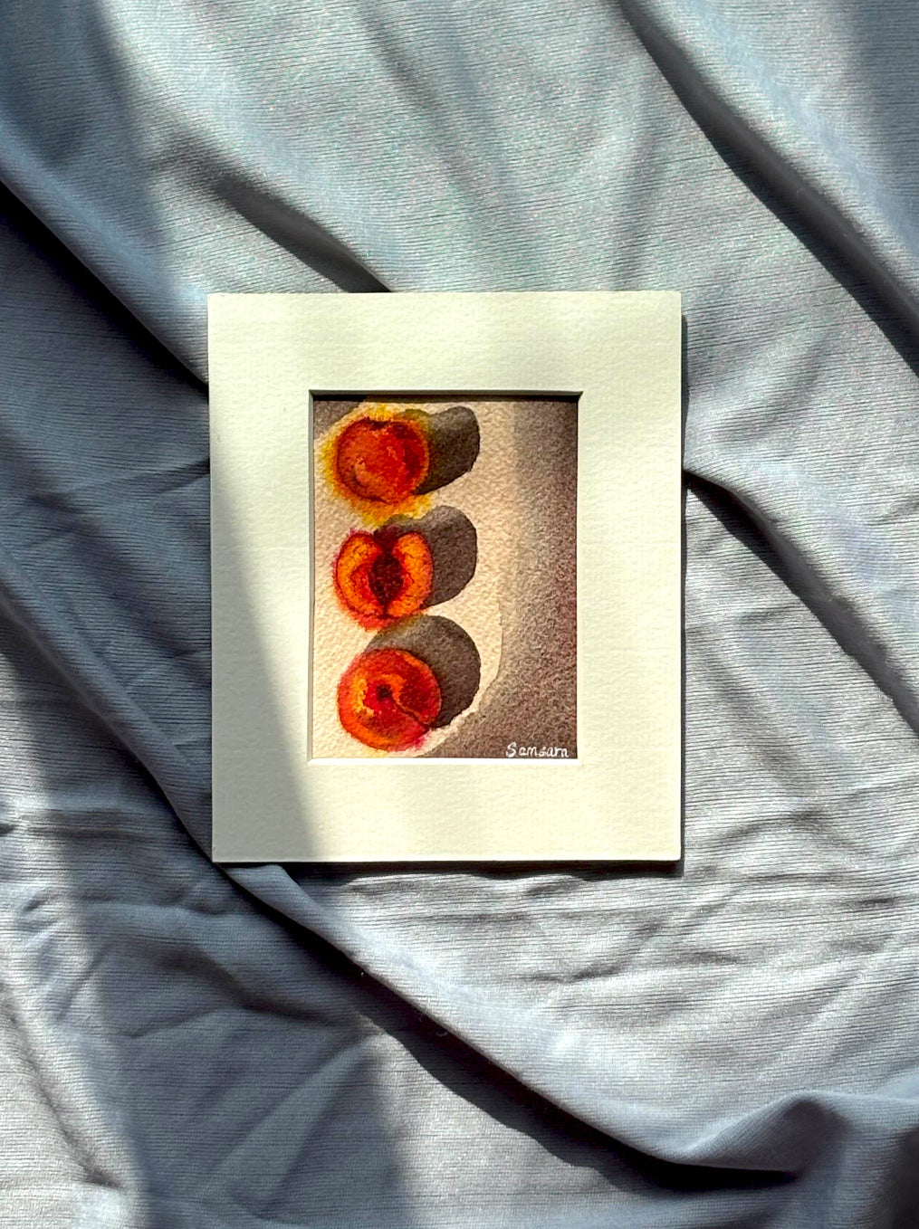 Original watercolor still life painting of peaches with shadows - fruit meditation art by Samsara Mumbai