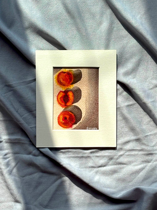 Original watercolor still life painting of peaches with shadows - fruit meditation art by Samsara Mumbai