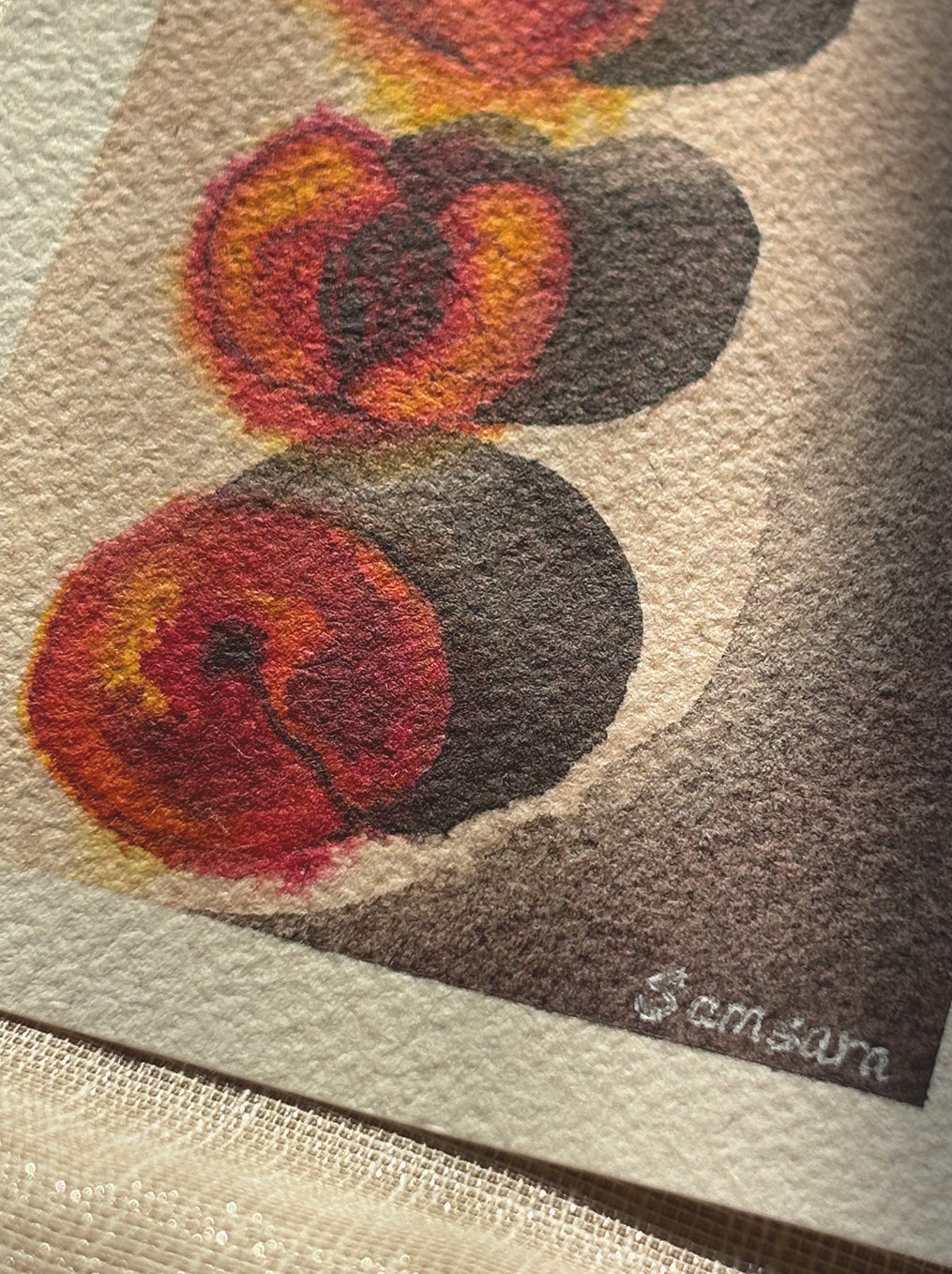 Handpainted peach meditation art for dining room - contemplative still life by Samsara