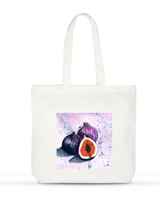 Large cotton tote bag with purple figs watercolor on lavender background - botanical art bag by Samsara