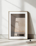Sepia photography print of carved stone arch with natural lighting - architectural art by Samsara Mumbai