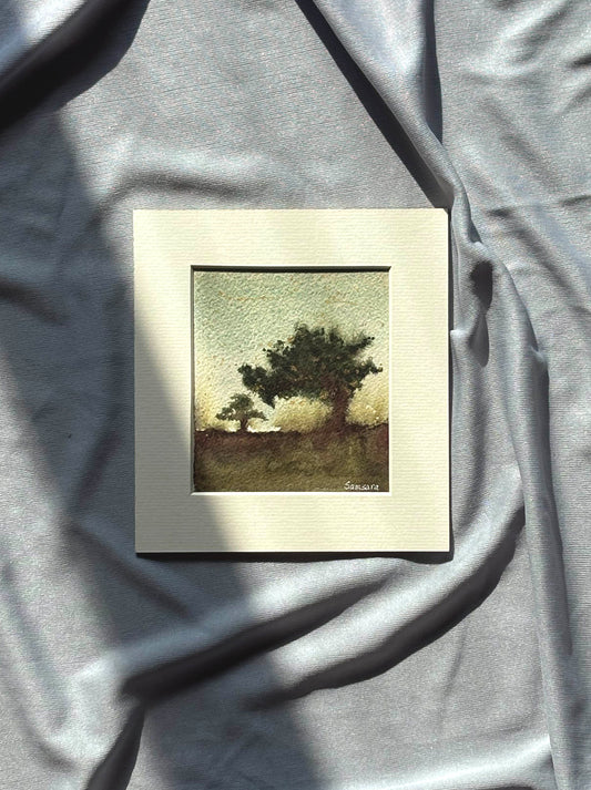Original green landscape watercolor painting with trees - nature meditation art by Samsara Mumbai