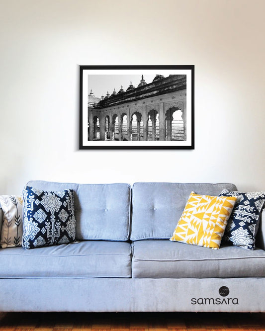 Black white photography print of ancient fort arches with dramatic lighting - architectural art print by Samsara