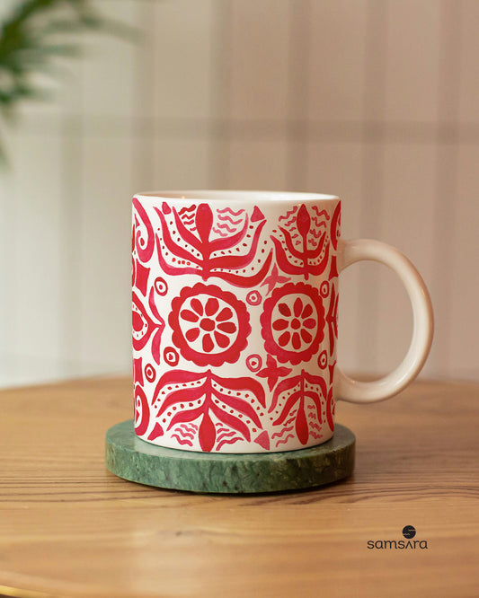 Ruby red watercolor ceramic mug with tribal pattern design - ethnic art coffee mug by Samsara Mumbai