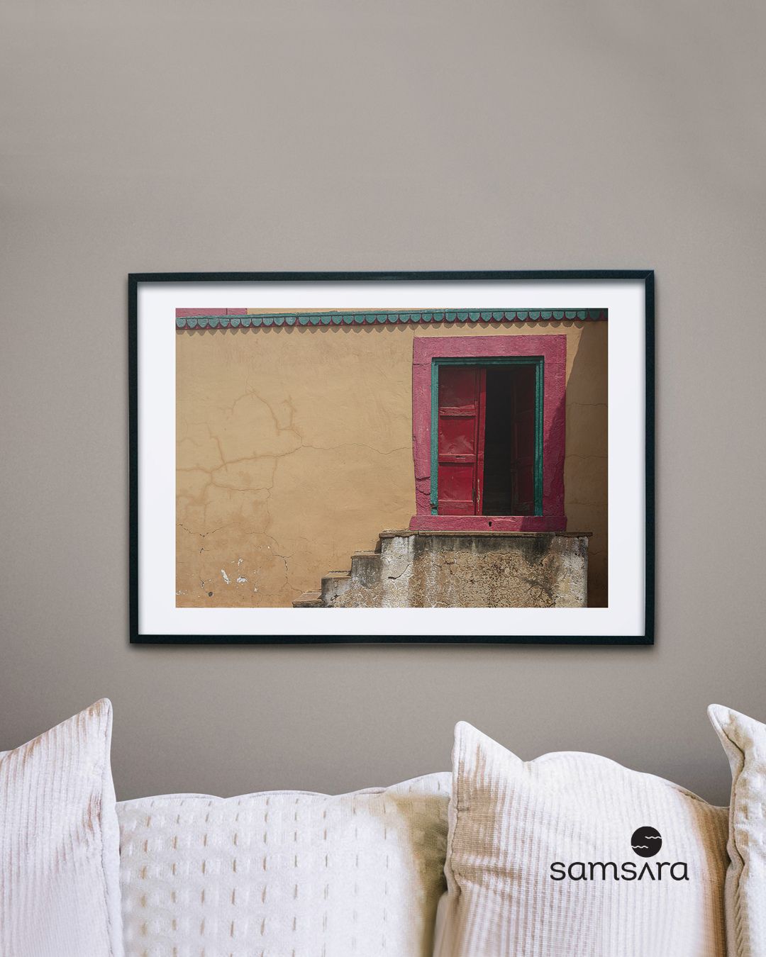 Color photography print of red door with weathered wall in Indian fort - travel art print by Samsara Mumbai