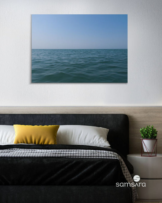 Color seascape photography print of calm blue ocean horizon - Goa coastal art by Samsara Mumbai