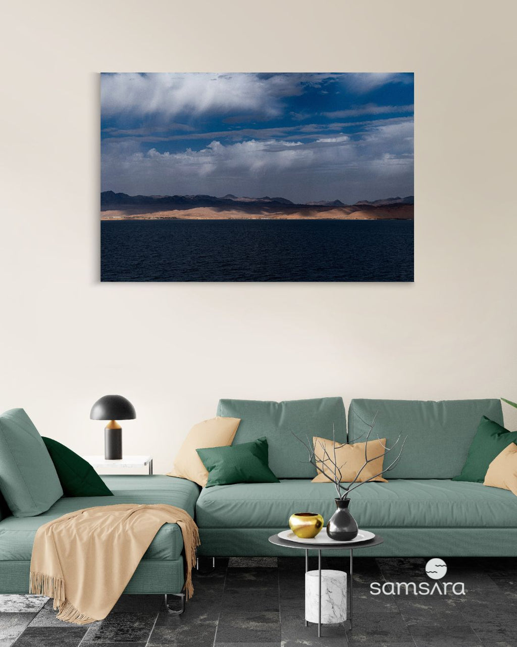 Desert seascape wall art print with golden mountains - Middle East landscape photography by Samsara