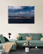 Desert seascape wall art print with golden mountains - Middle East landscape photography by Samsara